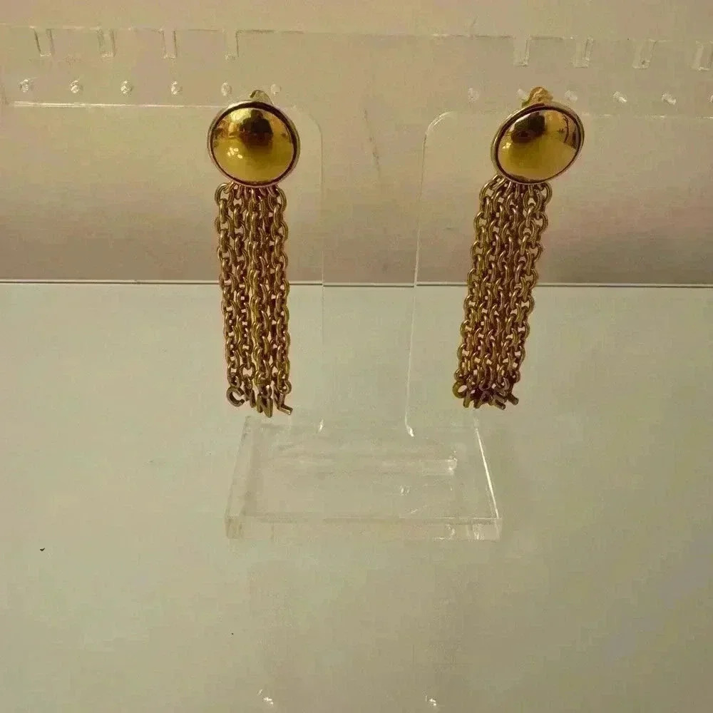 Chanel Vintage Gold Tone Chain Fringe Letter Logo Clip On Earrings 3 Inch
